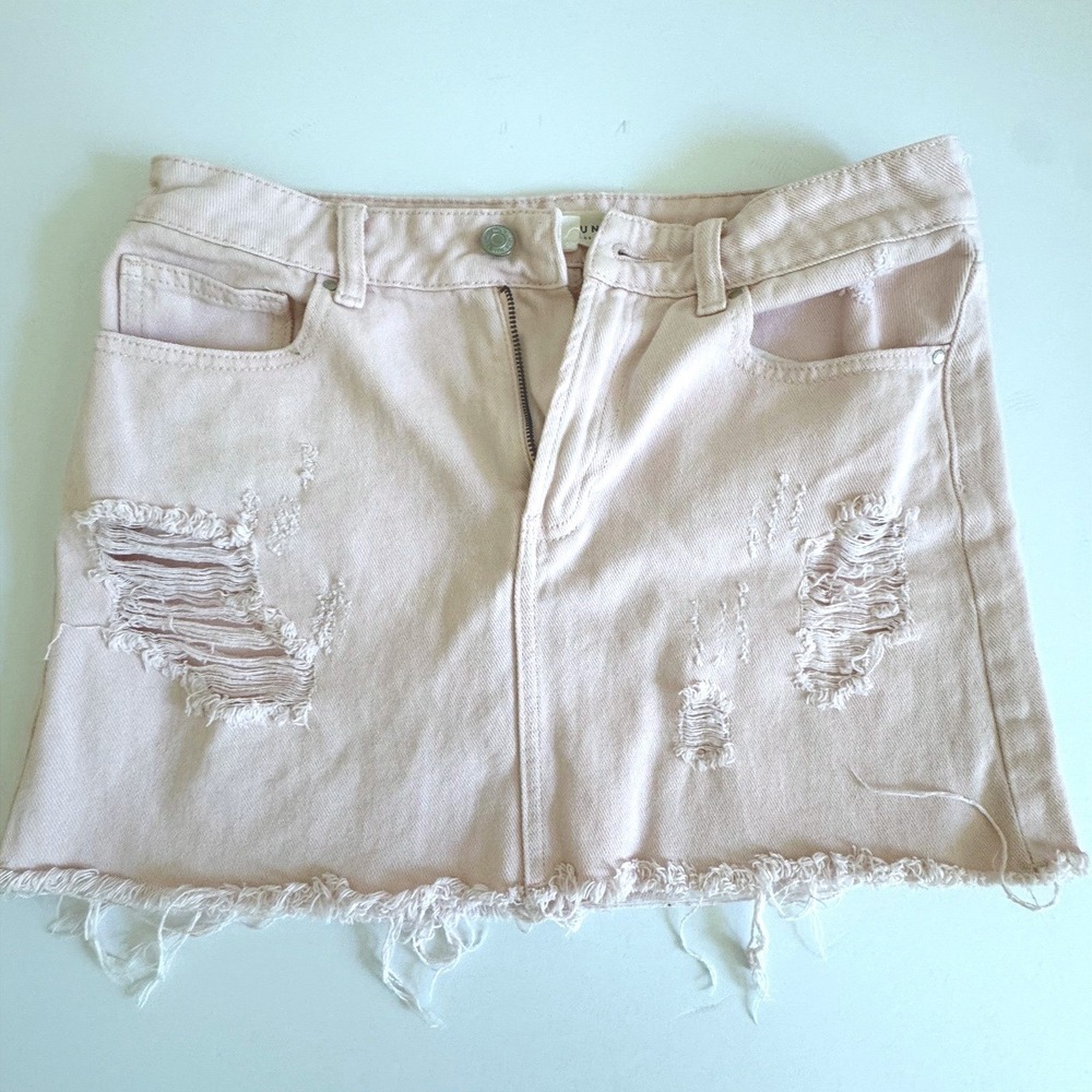 PacSun Denim Mini Skirt Blush Pink Distressed Frayed Hem Grunge Size 26